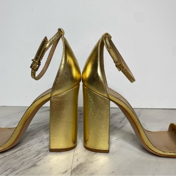 Schutz Gold Leather Ankle Strap Block Heel Sandal 10 1/2 B - Picture 9 of 16